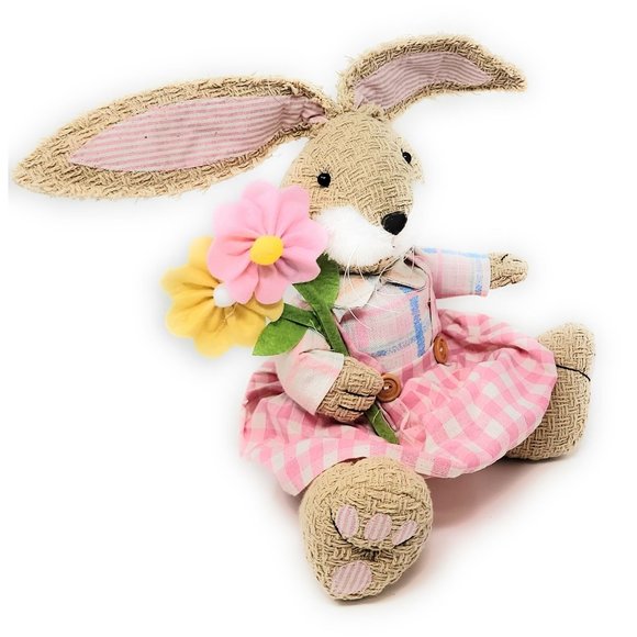 Plush Easter Bunny with Flowers Shelf or Table 10" Rabbit Party Decor - Picture 4 of 5